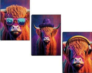 Highland Cow Wall Art-Gift Ready- Set of 3 Wall Canvases 12x16 inche - Picture 1 of 7