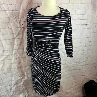 White House Black Market  ruched sheath midi Dress sz XS bodycon striped - Image 1 of 4