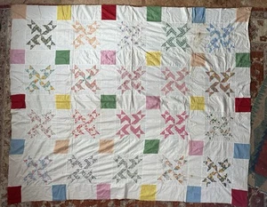 Antique Vintage Pinwheel Patched Quilt Hand Made Quilted Top 74x88.5 - Picture 1 of 13
