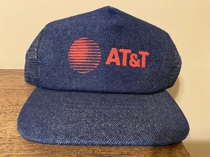 Vtg 80s 90s AT&T Corduroy Snapback Hat Blue Red Made In USA Trucker Mesh - Picture 1 of 4