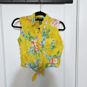 LRL Ralph Lauren Womens MP Floral Hawaiian Knot Tie Crop Top Yellow 100% Linen - Picture 1 of 4