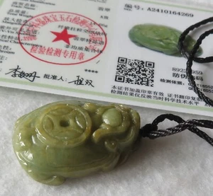 Jadeite Pendant & Black Cord ID Card Carved Green Dragon Turtle - Picture 1 of 14