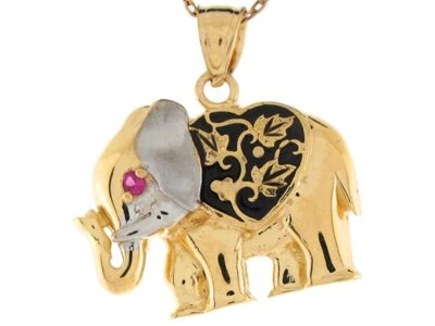 Colgante Elefante 10k o 14k Oro Dos Tonos Rubí Simulado Esmalte Negro 2.3cm Foto 1 de 4