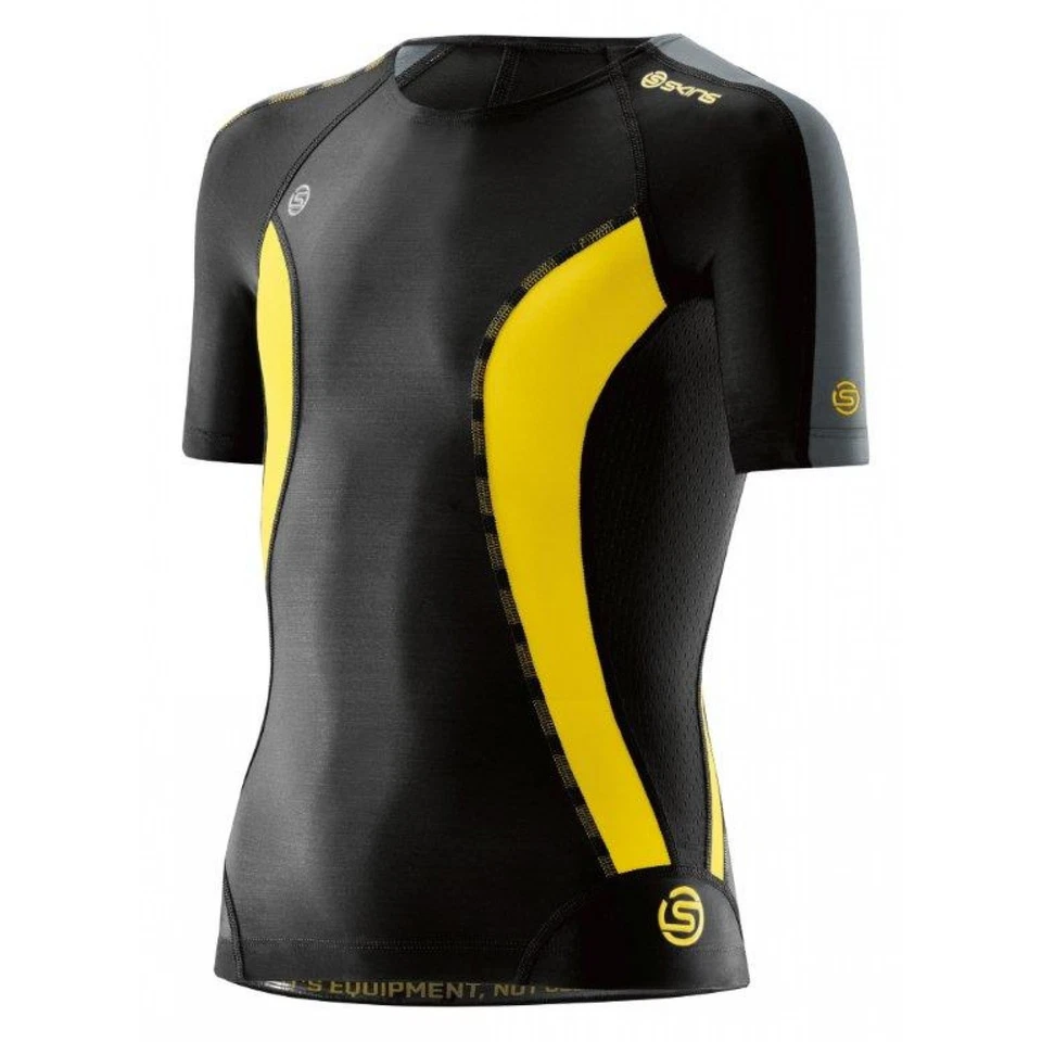 GREAT SAVINGS || SKINS DNAMIC YOUTH COMPRESSION SHORT SLEEVE TOP - BLACK / CITRO - Image 1 of 2