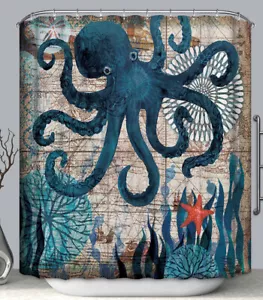 Octopus Nautical Shells Design Fabric SHOWER CURTAIN w/Hooks Blue - Picture 1 of 1