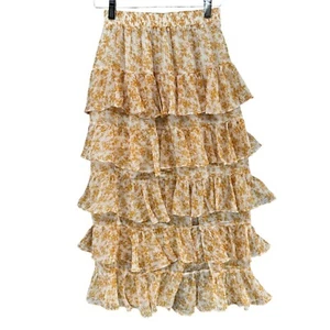 Minkpink Lana Tiered Midi Skirt Mustard Yellow White Floral Pull On Size XS - Picture 1 of 10
