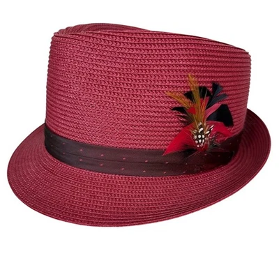 Sombrero Fedora Stacy Adams Para Hombre Rojo Cáñamo Trenza Mediano con Pluma Estilo Clásico Foto 1 de 4