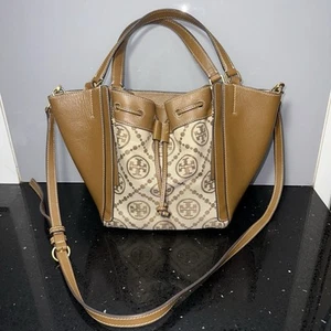 TORY BURCH McGraw Dragonfly Drawstring Shoulder Canvas + Leather Bag #37678 - Picture 1 of 20