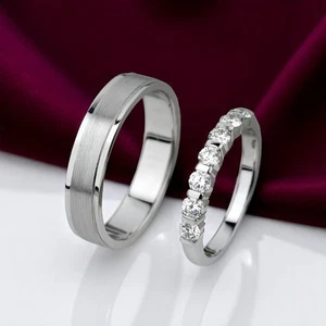 Wedding 14k White Gold Couple Band Natural Diamond Round Cut 0.49 Carat Size 5 6 - Picture 1 of 14