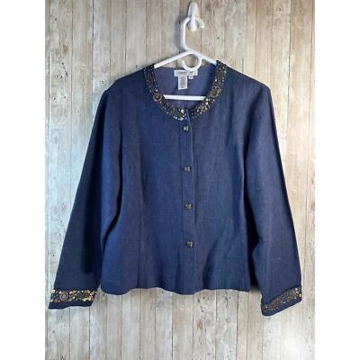 Blazer Coldwater Creek Mujer 16 Azul Denim Look Cuentas Lentejuelas Metal Botones Foto 1 de 4