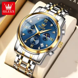 Orologi da Polso OLEVS Uomo Acciaio Inox Fasi Lunari Zirconi Data Timer Quarzo - Foto 1 di 19