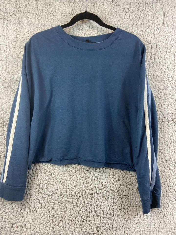 Derek Corazón Recortado Azul Oscuro Manga Larga Cuello Redondo Sudadera Rayas Lado L Foto 1 de 4