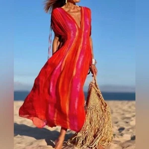 ZARA NWT Tie Dye Beaded Tassel Maxi Dress Red Orange Pink Chiffon Size S - Picture 1 of 16