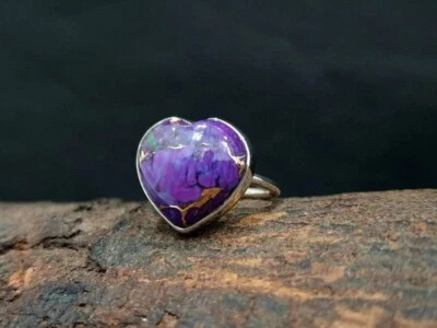 Purple Copper Turquoise Heart Shape Gemstone 925 Sterling Silver Bohemian Ring - Image 1 of 4