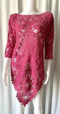 Vintage 80s Alachka Original Cotton Lace Pink Asymetrical Dress Tunic S/M - Image 1 of 4