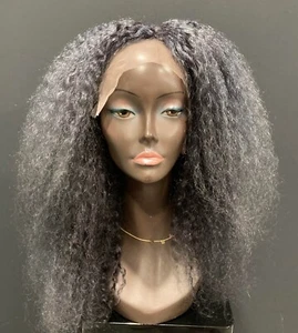 Essence Wigs 100% Human Hair Dark Gray Afro Kinky Curly Lace Front Wig 13x4 - Picture 1 of 3
