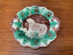 Antique Majolica Cake Tray Platter Sheep Dog and Dog House Circa 1880s - Picture 1 of 4