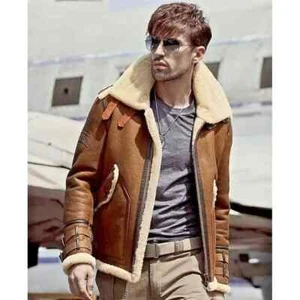 Men RAF B3 Bomber Aviator Brown Fur Shearling Real Sheepskin Leather Jacket Coat - Picture 1 of 4