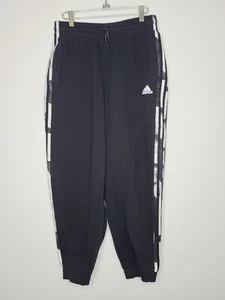 adidas Pants Womens Medium Black Black + White Stripe Heavy Fleece Tapered Leg - Picture 1 of 9