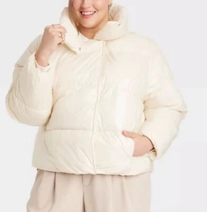 Women's Short Relaxed Puffer Jacket - A New Day™ Cream XXL - Picture 1 of 6