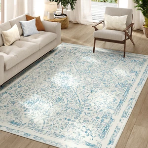 Washable Boho Bedroom Rug Indoor Floral Print Carpet Distressed Thin Rug - Picture 1 of 39