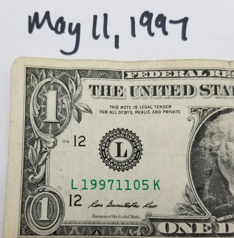Birthday Note May 11, 1997 November 5, 1997 US One Dollar Bill Series 2013 L - Image 1 of 4