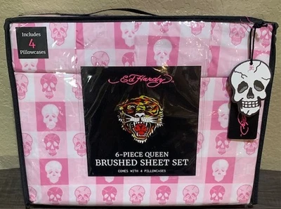 Ed Hardy розовый/белый клетчатый череп печати 6шт королева простыни комплект с 4 наволочки - Изображение 1 из 3