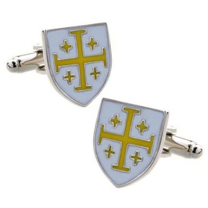 KNIGHTS TEMPLAR CUFFLINKS White Yellow Shield Freemasonry Masons NEW w GIFT BAG - Picture 1 of 3