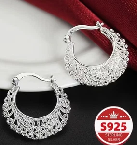 Ohrringe S925 Rein Silber Böhmisch Retro Hohl Blume Ranke Creolen - Bild 1 von 4