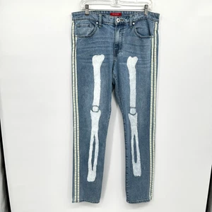 GUESS Jeans Mens 34 DIY Glittery Skeleton Bone Streetwear Punk Gorpcore Stripe - Picture 1 of 15