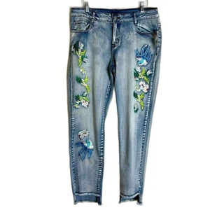 Juliette Distressed Appliquéd Rhinestone Boyfriend Jeans with Fringe Hem size 12 - Picture 1 of 10