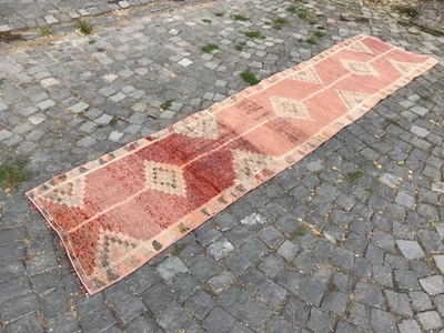 Turkish Vintage Rug Handmade Wool Rug Bohemian Runner Rug Home Rug2,4 x 11, ft - Image 1 of 4