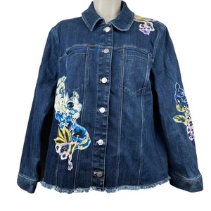 Chico's Petite Floral Applique Denim Jacket Artsy Women's LP Chico's Size 3P - Picture 1 of 13