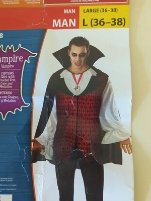 Rubies Mens L Vampire Halloween Costume Shirt + Red Vest, Medallion & Cape EUC - Image 1 of 4