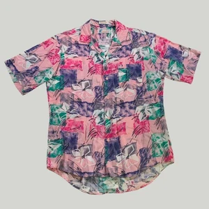 Islander Hawaiian Shirt M Vintage Rayon Pink Blue Green Black Made in Korea - Picture 1 of 7
