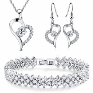SCHMUCKSET 925 STERLING SILBER PL HALSKETTE HERZ OHRRINGE ZIRKONIA ARMBAND KETTE - Bild 1 von 8