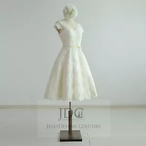 1950's Vintage Knielang Spitze Brautkleid Standesamtkleid Ivory Creme Träger - Bild 1 von 9