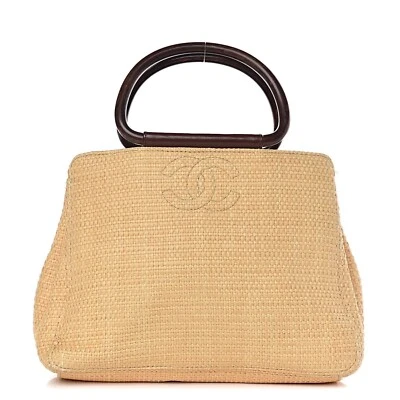 CHANEL Vintage Raffia Tote Woven Straw Shoulder Bag Wooden Ring Beige - Image 1 of 4
