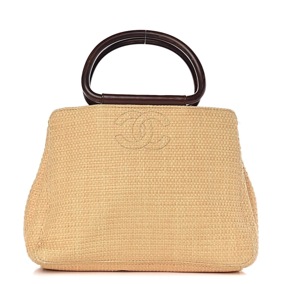 CHANEL Vintage Raffia Tote Woven Straw Shoulder Bag Wooden Ring Beige - Image 1 of 4