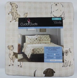 Cuddl Duds Heavyweight Flannel Twin Sheet Set Plaid Dogs Brushed Cotton Deep Fit - Picture 1 of 10
