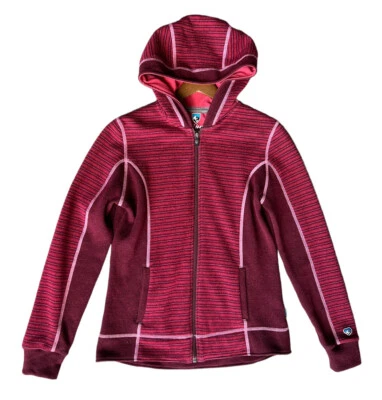Chaqueta suéter con capucha polar Kuhl Chianti pequeña para mujer mezcla de lana a rayas granate Foto 1 de 4
