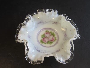 Fenton Glass Charleton Hand Painted Roses Ruffled Silver Crest Dish Candy Bowl - Picture 1 of 4