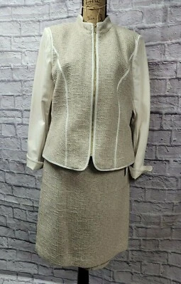 NUEVO Calvin Klein Marfil Tweed Cremallera Chaqueta Imitación Cuero FALDA TRAJE 12, 14 Foto 1 de 4