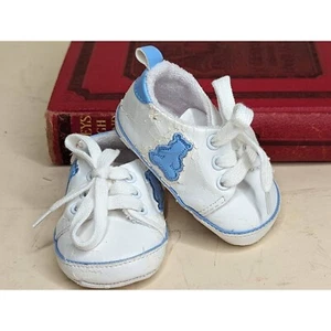 Vintage Teddy Bear Baby Gap Boys Crib Shoes White Blue Terry Cloth Lined Lace Up - Picture 1 of 5