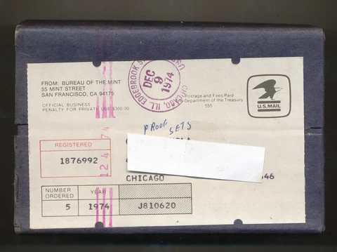 Original UNOPENED Shipping box of 5 x 1974 Proof  Set - Mint Sealed Cover