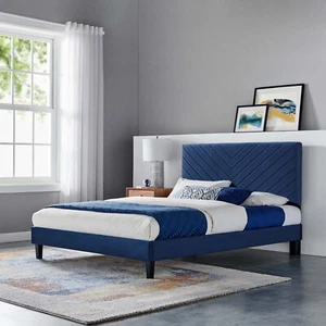 Modway Roxanne Performance Velvet Queen Platform Bed in Navy - Picture 1 of 10