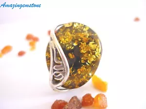 190RG Greenish Adjustable handcrafted Baltic Amber 925 Sterling silver ring - Picture 1 of 12