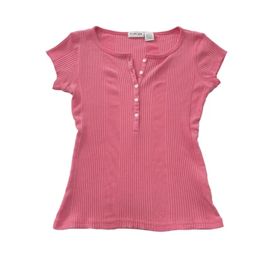 Camiseta Energie Top Y2K Rosa Acanalada Henley Ajustada Manga Gorra De Colección Preppy M Foto 1 de 4