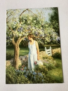 Robert Duncan Studios Vintage Grußkarte Frühling Wandteppich: Hübsches Mädchen und Blumen - Bild 1 von 3