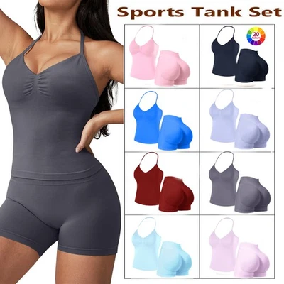 2PCS Workout Sets for Women Padded Longline Sport Bra Tank Booty Lift Gym Shorts - Image 1 of 4
